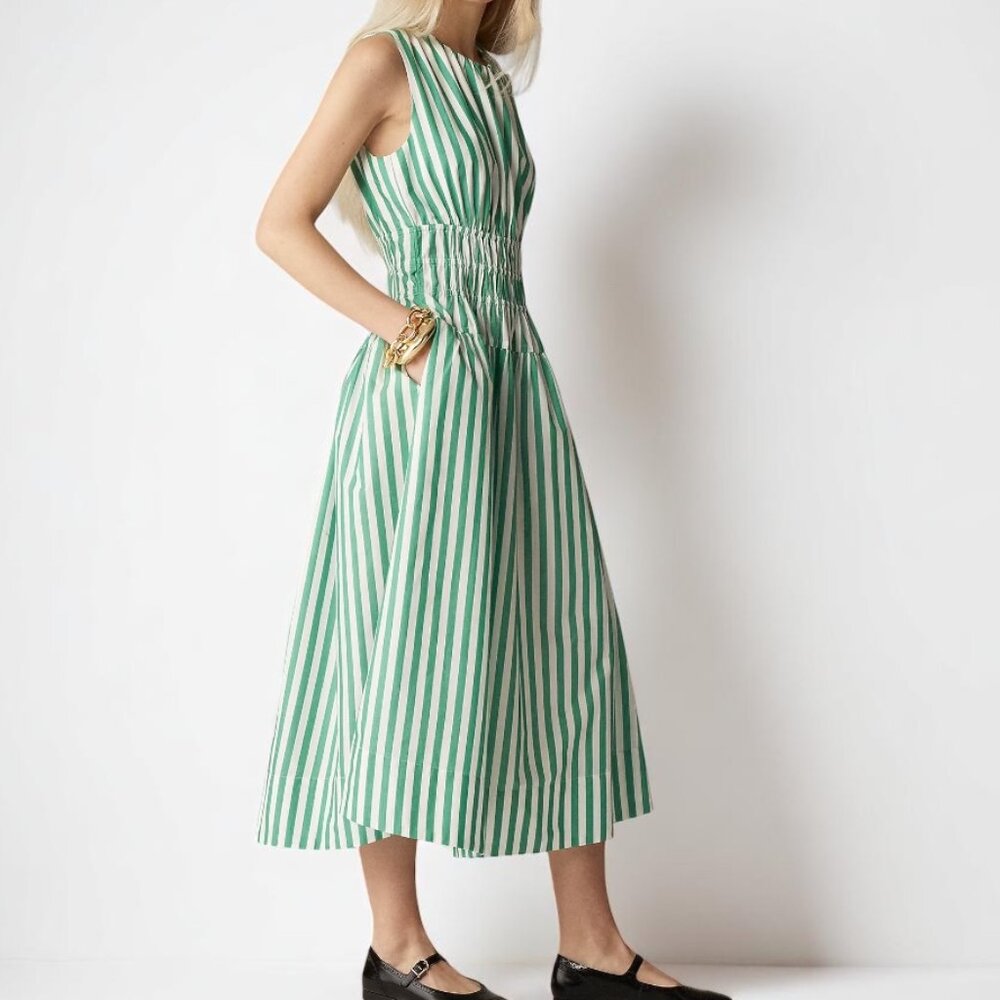 J. Crew Green and White Striped Midi Dress